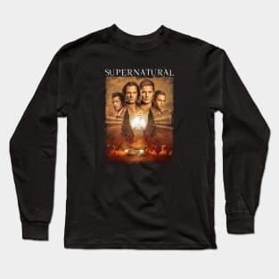 Supernatural Group Shot Sepia Tone Wings Long Sleeve T-Shirt